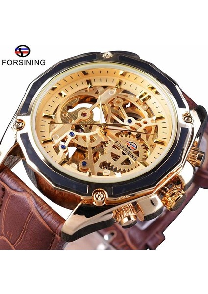 Kahverengi Altın Forsining Şeffaf Kasa Dişli Hareketi Steampunk Erkekler Otomatik Izle Üst Marka Lüks Açık Çalışma Tasarımı Kendinden Kurmalı (Yurt Dışından)