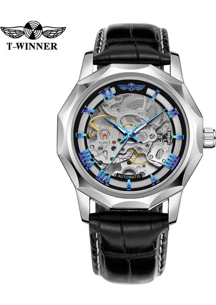 Gümüş Mavi L Kazanan Kadran Mekanik Saatler Erkek Otomatik Gümüş Siyah Su Geçirmez Spor Stil Kol Saatleri Erkek Saat Montre Homme (Yurt Dışından)