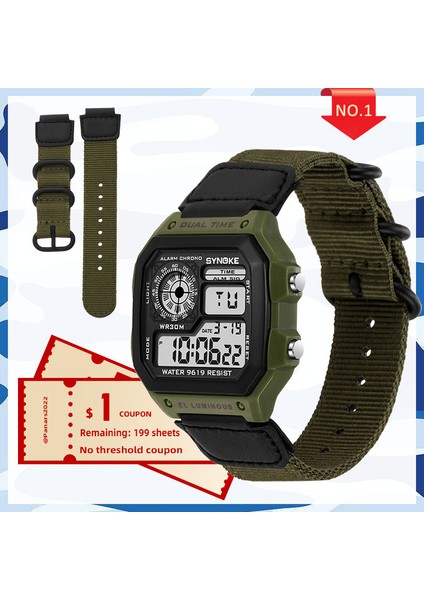 Yeşil Kadran-Siyah Synoke Erkek Dijital Saat LED Su Geçirmez Adam Naylon Saatler Lüks Spor Erkek Kol Saatleri Büyük Çalar Saat Relojes Deportivos (Yurt Dışından)