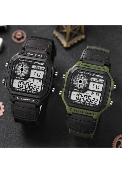 Yeşil Kadran-Siyah Synoke Erkek Dijital Saat LED Su Geçirmez Adam Naylon Saatler Lüks Spor Erkek Kol Saatleri Büyük Çalar Saat Relojes Deportivos (Yurt Dışından)