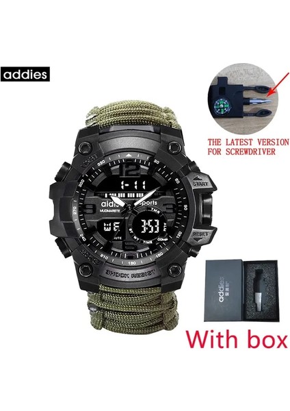 Kutu ile Yeşil Addıes Askeri Survive Dış Mekan LED Dijital Saat Çok Fonksiyonlu Pusula Düdük Su Geçirmez Kuvars Ordu Izle Relogio Masculino (Yurt Dışından)