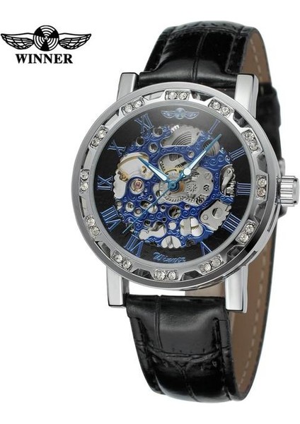 Gümüş Mavi T-Kazanan Popüler Elmas Erkek Mekanik Saat Moda Gümüş Erkekler El Rüzgar Aydınlık Saat Kol Saatleri Reloj Hombre (Yurt Dışından)