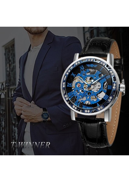 Gümüş Mavi T-Kazanan Popüler Elmas Erkek Mekanik Saat Moda Gümüş Erkekler El Rüzgar Aydınlık Saat Kol Saatleri Reloj Hombre (Yurt Dışından) fırsatları