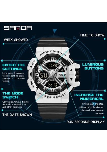 Beyaz 3129 Sanda Yeni Spor Askeri Erkek Saatler Su Geçirmez Çift Ekran Kuvars Izle Erkekler Kol Saati Erkek Saat G Tarzı Orologio Da Uomo (Yurt Dışından)