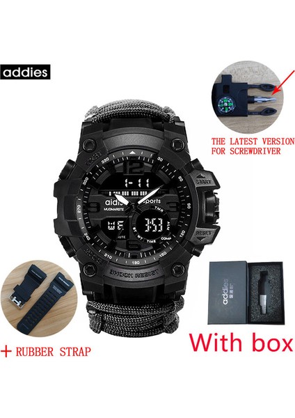 Siyah Kayış Kutusu ile Addıes Erkekler Askeri Spor Dijital Saatler Pusula Açık Hayatta Kalma Çok Fonksiyonlu Su Geçirmez Erkek Saati Relogio Masculino (Yurt Dışından)