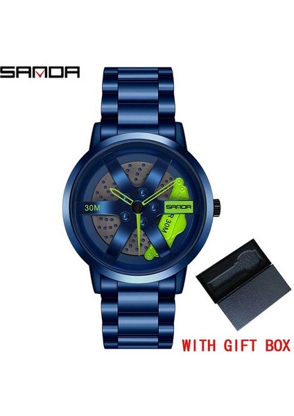 Mavi Yeşil Kutu Erkek Saati Moda Yüksek Kaliteli 3D Baskı Araba Tekerlek Göbeği 360 Dönen Özel Tasarım Spor Saat Su Geçirmez Kuvars Kol Saati (Yurt Dışından)