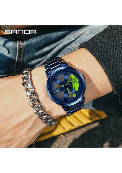 Mavi Yeşil Kutu Erkek Saati Moda Yüksek Kaliteli 3D Baskı Araba Tekerlek Göbeği 360 Dönen Özel Tasarım Spor Saat Su Geçirmez Kuvars Kol Saati (Yurt Dışından) fırsatları