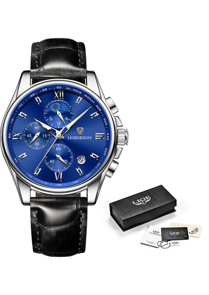 Gümüş Mavi 2022 Lıge Saatler Erkek Üst Marka Lüks Saat Rahat Leathe 24 Saat Ay Evreleri Erkekler Izle Spor Su Geçirmez Kuvars Chronograph + Kutu (Yurt Dışından)