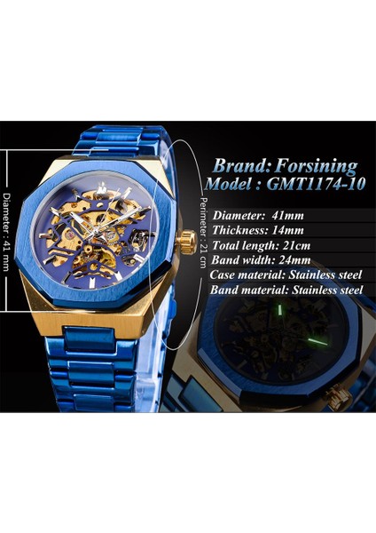 GMT1174-6 Forsining Mekanik Erkek Saatler Moda Otomatik Erkek Saat Mavi Paslanmaz Çelik Su Geçirmez Iş Erkek Kol Saati (Yurt Dışından) fırsatları