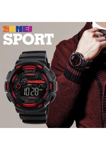 Siyah Skmeı Açık Spor Erkek Izle Çok Fonksiyonlu 5bar Su Geçirmez Pu Kayış LED Ekran Saatler Chrono Dijital Saat Reloj Hombre 1243 (Yurt Dışından)