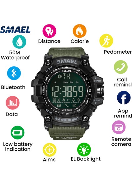 Mavi Smael Dijital Saat Erkekler Bluetooth Akıllı Saat Su Geçirmez 50 M Büyük Arama Çağrı Hatırlatma Uzaktan Kamera Açık Spor Kol Saati 1617B (Yurt Dışından)