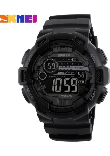 Siyah Skmeı Açık Spor Erkek Izle Çok Fonksiyonlu 5bar Su Geçirmez Pu Kayış LED Ekran Saatler Chrono Dijital Saat Reloj Hombre 1243 (Yurt Dışından)