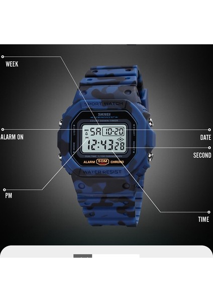 Mavi Kamuflaj Spor Izle Erkekler Açık LED Dijital Saatler 5bar Su Geçirmez Çalar Saat Erkek Askeri Erkekler Dijital Kol Saati Skmeı Montre Homme (Yurt Dışından)