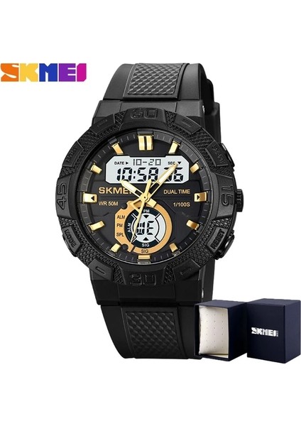 Kutu ile Altın Beyaz Skmeı Üst Marka Spor Erkek Izle Lüks Ikili Zaman Kronometre Wateproof Kol Saati Orijinal Dijital Saatler LED Işıklı Çalar Saat (Yurt Dışından)