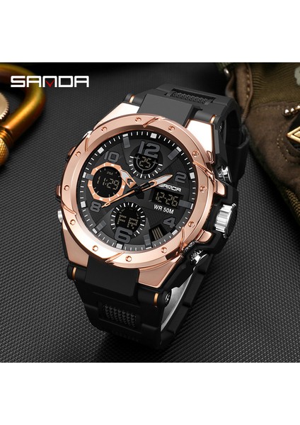Siyah Gül Sanda Moda Gül Altın Kasa Erkek Saatler Spor Chronograph Hd Çift Ekran Kuvars Izle Suya Dayanıklı Aydınlık Reloj Hombre (Yurt Dışından)