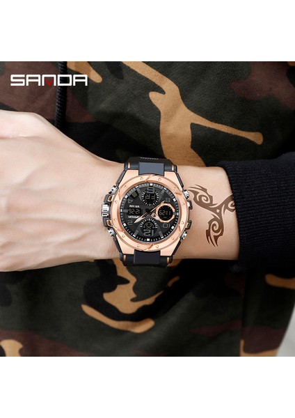 Siyah Gül Sanda Moda Gül Altın Kasa Erkek Saatler Spor Chronograph Hd Çift Ekran Kuvars Izle Suya Dayanıklı Aydınlık Reloj Hombre (Yurt Dışından)