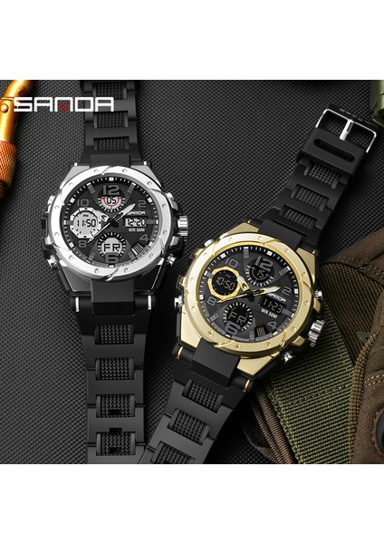 Siyah Gül Sanda Moda Gül Altın Kasa Erkek Saatler Spor Chronograph Hd Çift Ekran Kuvars Izle Suya Dayanıklı Aydınlık Reloj Hombre (Yurt Dışından)