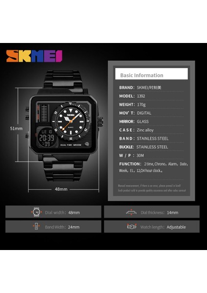 Gümüş Skmeı Dijital/kuvars Izle Erkekler Paslanmaz Çelik Kayış Kol Saatleri Çift Zaman Göstergesi Erkek Saat Saatler Relogio Masculino 1392 (Yurt Dışından)