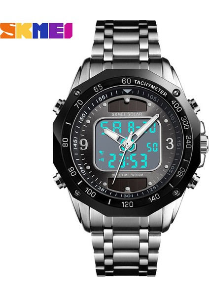 Gümüş Siyah Güneş Erkekler Askeri Spor Saatler Erkek Dijital Kuvars Saat Tam Çelik Su Geçirmez Kol Saati Relojes Hombre 2019 Skmeı (Yurt Dışından)