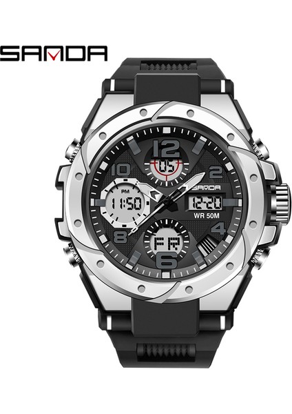 6008 Siyah Gümüş Sanda Üst Marka Erkek Izle Erkekler Saat Çift Ekran Açık Askeri Spor Su Geçirmez Senfoni Çerçeve Erkekler Izle (Yurt Dışından)