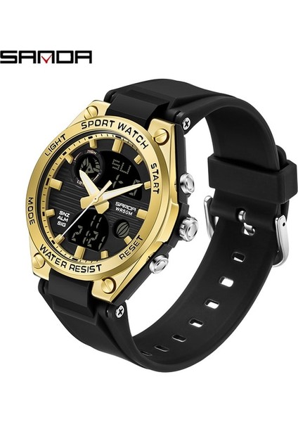 6067 Siyah Altın Sanda En Lüks Marka Çift Ekran Bayan Saat LED Dijital Işık Moda Spor Su Geçirmez Bayan Saat Relógio Feminino (Yurt Dışından)