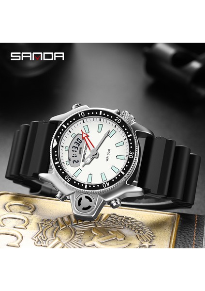 Siyah Sanda Spor Erkekler Kuvars Dijital Saat Yaratıcı Dalış Saatleri Erkekler Su Geçirmez Alarm Izle Çift Ekran Saat Relogio Masculino (Yurt Dışından)