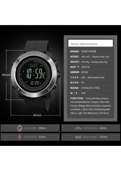 Abs Kadran Siyah Skmeı 1418 Altimetre Barometre Termometre Yükseklik Erkekler Dijital Saatler Spor Saat Tırmanma Yürüyüş Kol Saati Montre Homme (Yurt Dışından) indirimleri