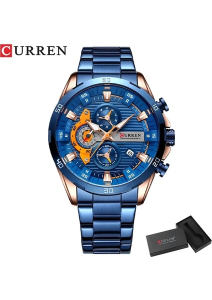 Mavi Gül Kutusu Erkekler Için Saatler Curren Adam Kol Saati Su Geçirmez Kronograf Erkekler Izle Askeri Üst Marka Lüks Paslanmaz Çelik Spor Erkek Saat (Yurt Dışından)