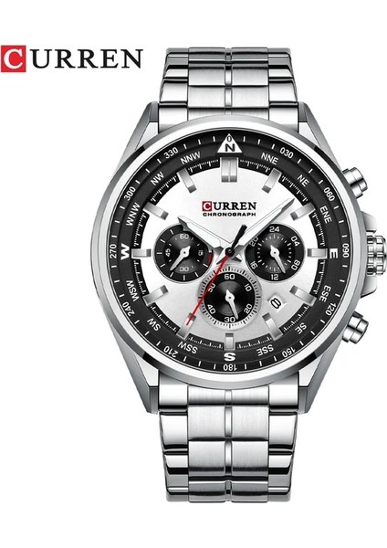 Gümüş Curren Erkekler Kuvars Saatı Lüks Marka Sportif Kronograf Saatler 316 Paslanmaz Çelik Aydınlık Eller Erkek Saat Siyah (Yurt Dışından)
