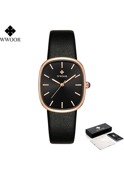 Gül Siyah Kara Kutu Wwoor 2022 Kadın Izle Moda Deri Kuvars Bilezik Izle Üst Marka Lüks Su Geçirmez Bayanlar Kol Saati Montre Femme Feminino (Yurt Dışından)