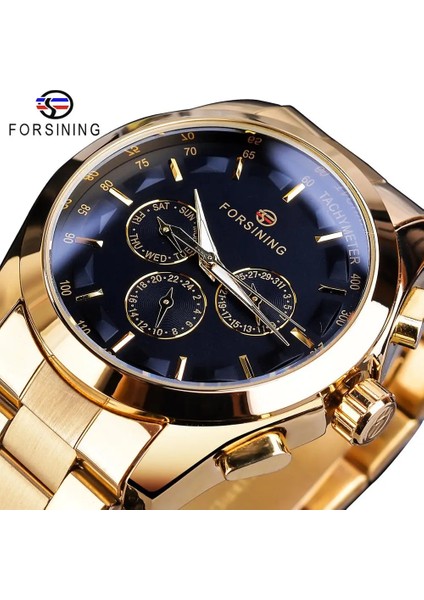 S899-3 Forsining Siyah Iş Mekanik Erkek Saat Otomatik 3 Alt Kadran Tarih Altın Çelik Band Elbise Kol Saati Saat Saat Reloj (Yurt Dışından)