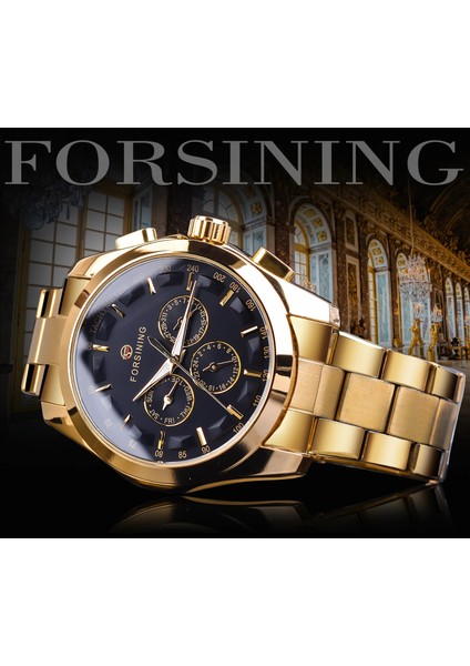 S899-3 Forsining Siyah Iş Mekanik Erkek Saat Otomatik 3 Alt Kadran Tarih Altın Çelik Band Elbise Kol Saati Saat Saat Reloj (Yurt Dışından)
