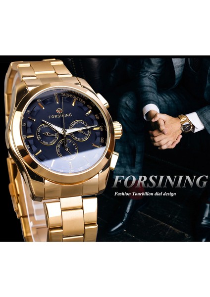 S899-3 Forsining Siyah Iş Mekanik Erkek Saat Otomatik 3 Alt Kadran Tarih Altın Çelik Band Elbise Kol Saati Saat Saat Reloj (Yurt Dışından)