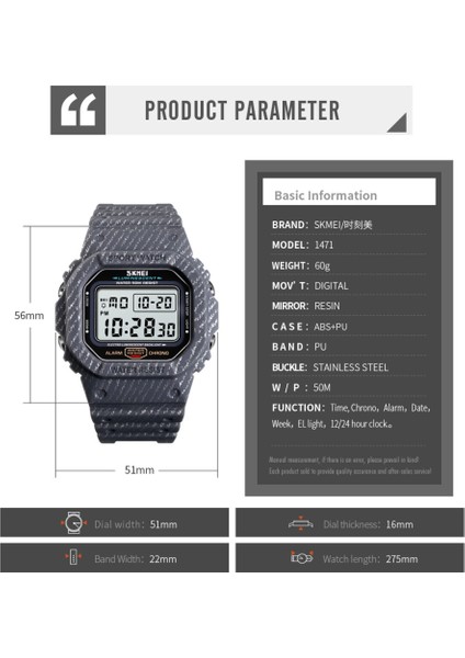 Kovboy Gri Kare Denim Çizgili Dijital Saat Skmeı 1471 Marka Spor Izle Su Geçirmez 50M Elektronik LED Erkek Bilek Saati Çalar Saat (Yurt Dışından)