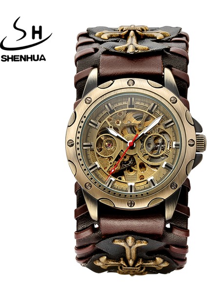 SH9921-2 Shenhua Vintage Gotik Saat Kahverengi Kaya Paslanmaz Çelik Steampunk Tourbillon Erkekler Otomatik Mekanik Aydınlık Saat (Yurt Dışından)