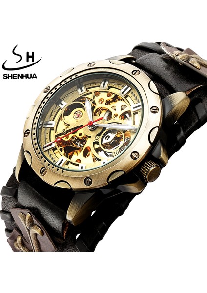 SH9921-2 Shenhua Vintage Gotik Saat Kahverengi Kaya Paslanmaz Çelik Steampunk Tourbillon Erkekler Otomatik Mekanik Aydınlık Saat (Yurt Dışından) fiyatları