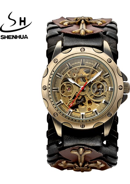 SH9921-2 Shenhua Vintage Gotik Saat Kahverengi Kaya Paslanmaz Çelik Steampunk Tourbillon Erkekler Otomatik Mekanik Aydınlık Saat (Yurt Dışından) modelleri