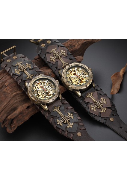 SH9921-2 Shenhua Vintage Gotik Saat Kahverengi Kaya Paslanmaz Çelik Steampunk Tourbillon Erkekler Otomatik Mekanik Aydınlık Saat (Yurt Dışından) fırsatları