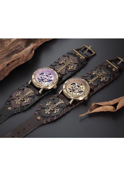 SH9921-2 Shenhua Vintage Gotik Saat Kahverengi Kaya Paslanmaz Çelik Steampunk Tourbillon Erkekler Otomatik Mekanik Aydınlık Saat (Yurt Dışından) indirimleri