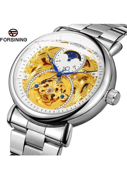 Gümüş Beyaz Forsining Izle Erkekler Için Oyma Ay Fazı Çelik Kemer Otomatik Mekanik Erkek Saatler Iş Adamı Kol Saati Reloj Hombre (Yurt Dışından)
