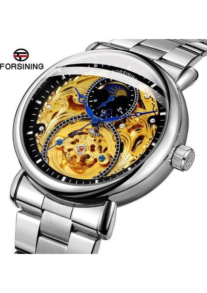 Gümüş Beyaz Forsining Izle Erkekler Için Oyma Ay Fazı Çelik Kemer Otomatik Mekanik Erkek Saatler Iş Adamı Kol Saati Reloj Hombre (Yurt Dışından)