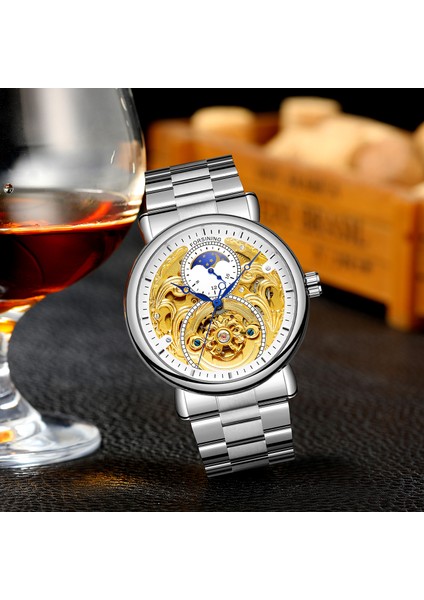 Gümüş Beyaz Forsining Izle Erkekler Için Oyma Ay Fazı Çelik Kemer Otomatik Mekanik Erkek Saatler Iş Adamı Kol Saati Reloj Hombre (Yurt Dışından)