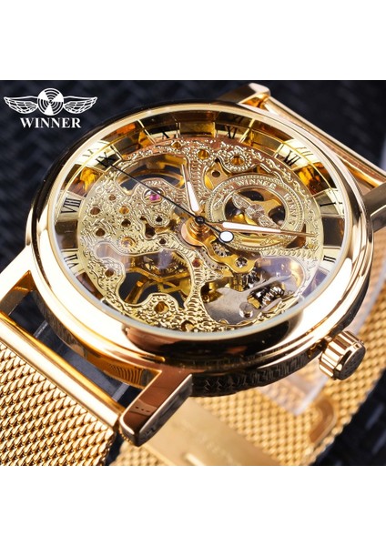 GMT1040-6 Kazanan Ince Kasa Tam Altın Tasarım Retro Ajur Saat Örgü Bant Erkek Mekanik Saatler Üst Marka Lüks Işıltılı Eller (Yurt Dışından) fiyatları