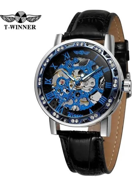 Mavi Gümüş Siyah T-Kazanan Popüler Elmas Erkek Mekanik Saat Moda Gümüş Erkekler El Rüzgar Aydınlık Saat Kol Saatleri Reloj Hombre (Yurt Dışından)