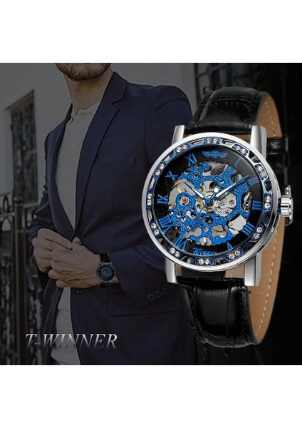 Mavi Gümüş Siyah T-Kazanan Popüler Elmas Erkek Mekanik Saat Moda Gümüş Erkekler El Rüzgar Aydınlık Saat Kol Saatleri Reloj Hombre (Yurt Dışından) modelleri