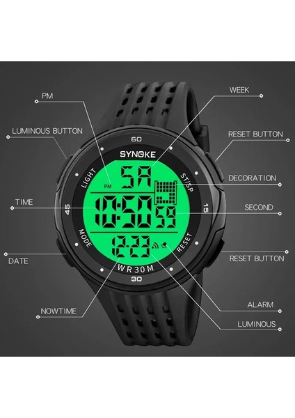 Siyah Synoke Erkekler Dijital Saat LED Ekran Su Geçirmez Erkek Kol Saati Chronograph Takvim Alarm Hafta Spor Saatler Relogio Masculino (Yurt Dışından)