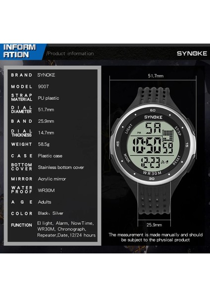 Siyah Synoke Erkekler Dijital Saat LED Ekran Su Geçirmez Erkek Kol Saati Chronograph Takvim Alarm Hafta Spor Saatler Relogio Masculino (Yurt Dışından)