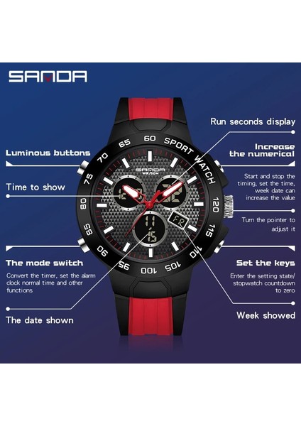 Kırmızı Sanda Yeni Erkek Elektron Saatler 50 M Su Geçirmez Şok Spor Askeri Kuvars Izle Erkek LED Dijital Kol Saati (Yurt Dışından)