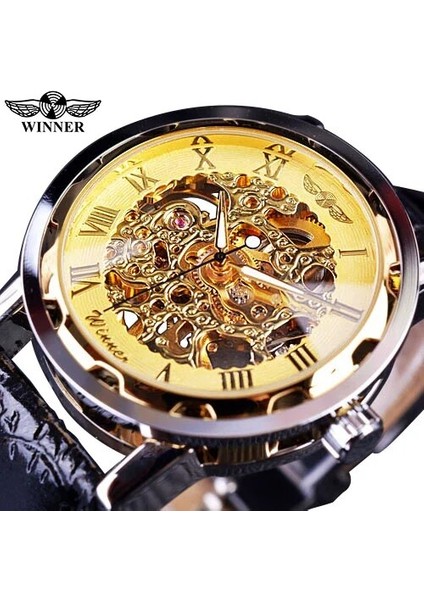 Altın Kazanan Siyah Altın Erkek Saat Erkekler Relogios Erkek Saatler Top Marka Lüks Montre Deri Kol Saati Erkekler Mekanik Saat (Yurt Dışından)