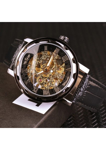 Altın Kazanan Siyah Altın Erkek Saat Erkekler Relogios Erkek Saatler Top Marka Lüks Montre Deri Kol Saati Erkekler Mekanik Saat (Yurt Dışından) fırsatları